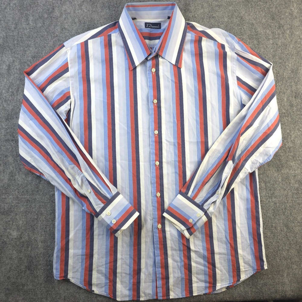 7 Diamonds Shirt XL Red White Blue Vertical Striped Long‎ Sleeve Button Up